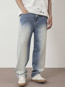 Manfinity Hypemode Men's Medium Wash Denim Jeans: Long Zipper Fly Relaxed Wide Leg Fit For Casual Style - Medium Wash - View 5