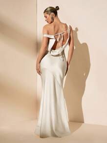 SHEIN BAE Vestido de satén asimétrico con hombro al aire y espalda descubierta, con lazos, estilo minimalista y sexy, apropiado para fiestas, eventos de cóctel, ocasiones formales, vestidos de dama de honor, vestidos de cumpleaños