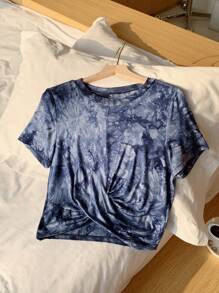 SHEIN EZwear 扎染印花扭结短袖T恤，休闲夏季款 - 藍色 - 查看 5