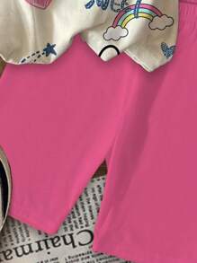 SHEIN Leap Crew 2 件可爱涂鸦卡通蝴蝶结印花少女休闲简约短袖 T 恤和短裤套装，夏季 - 彩色 - 查看 6