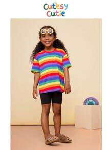 Set de 2 piezas CutesyCutie: Camiseta holgada de cuello redondo con rayas de arcoíris de punto y pantalones cortos de punto, para niñas jóvenes, conjunto de 2 piezas de accesorios para niñas jóvenes, conjunto de 2 piezas de parte superior para niñas jóvenes, conjuntos de ropa para niñas jóvenes de manga corta, ropa de primavera y verano