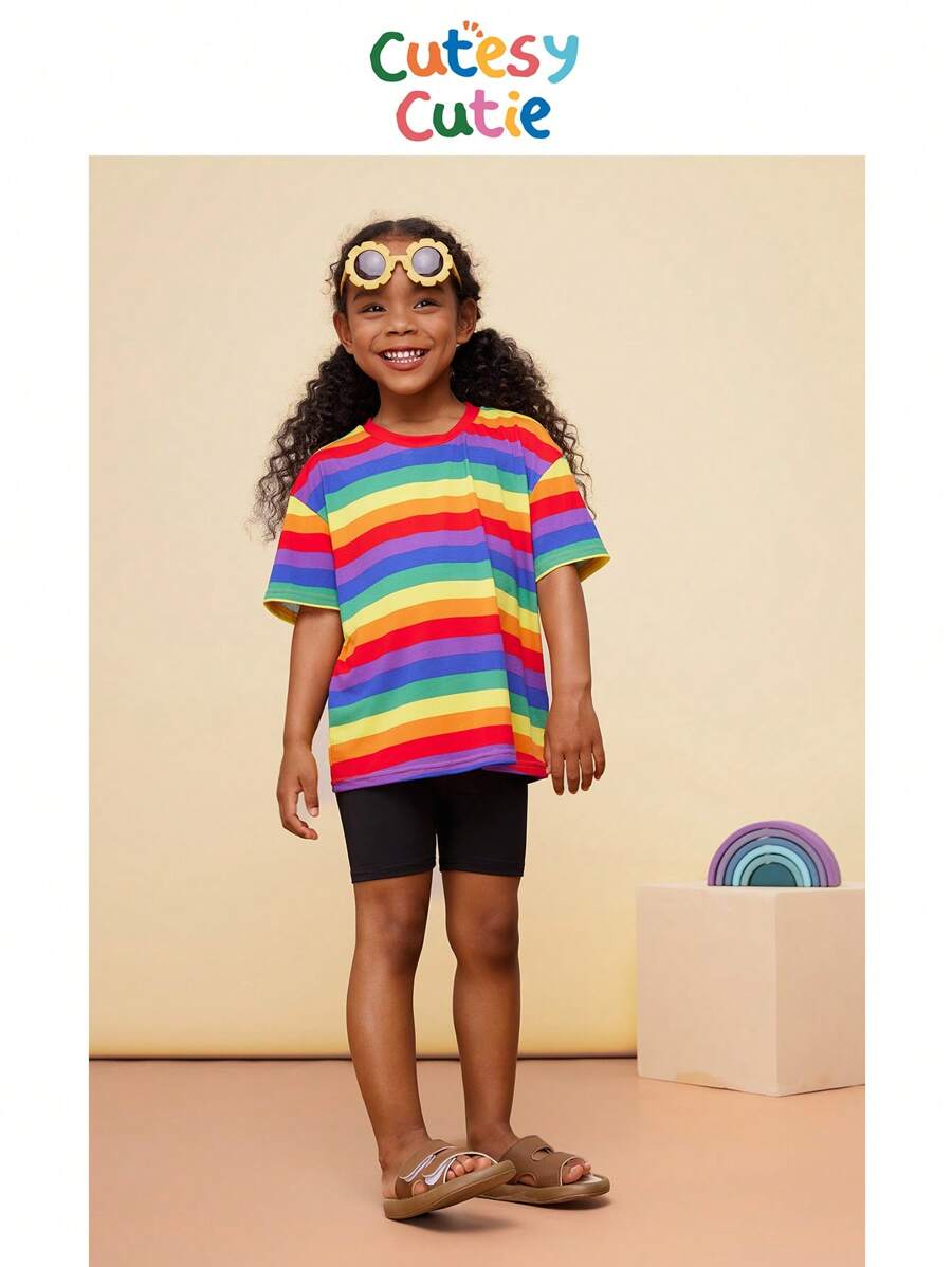 Set de 2 piezas CutesyCutie: Camiseta holgada de cuello redondo con rayas de arcoíris de punto y pantalones cortos de punto, para niñas jóvenes, conjunto de 2 piezas de accesorios para niñas jóvenes, conjunto de 2 piezas de parte superior para niñas jóvenes, conjuntos de ropa para niñas jóvenes de manga corta, ropa de primavera y verano