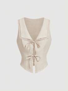 SHEIN MOD Beige Tie-Neck Bowknot-Waist Tank Top,Spring /Summer For Women,Graphic Shorts,Western Wear Women,Boho Women,Brunch For Women,Tea Party,Vacation - Apricot - View 1