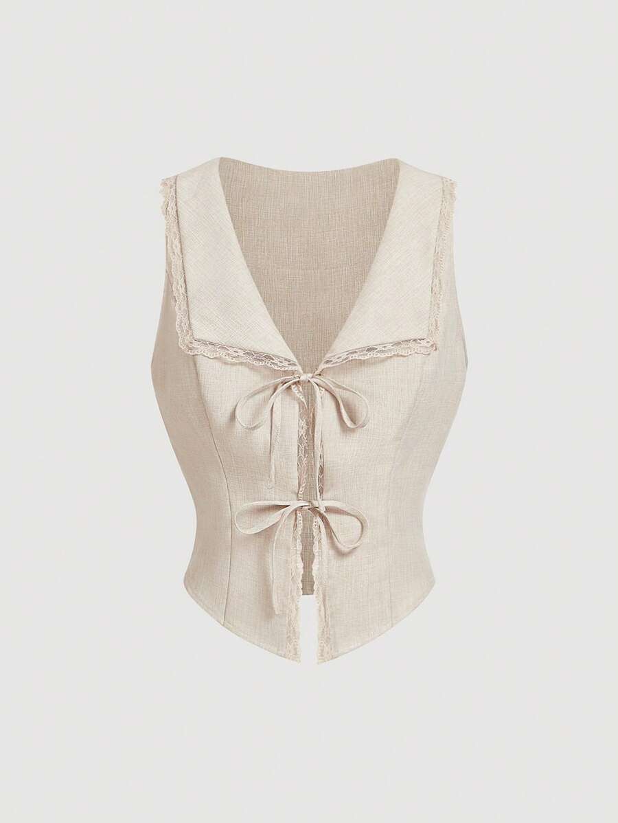 SHEIN MOD Beige Tie-Neck Bowknot-Waist Tank Top,Spring /Summer For Women,Graphic Shorts,Western Wear Women,Boho Women,Brunch For Women,Tea Party,Vacation - Apricot - View 1
