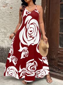 EMERY ROSE Plus Size Women's Fashionable White Rose Patterned Strappy Dress Maxi Women Outfit