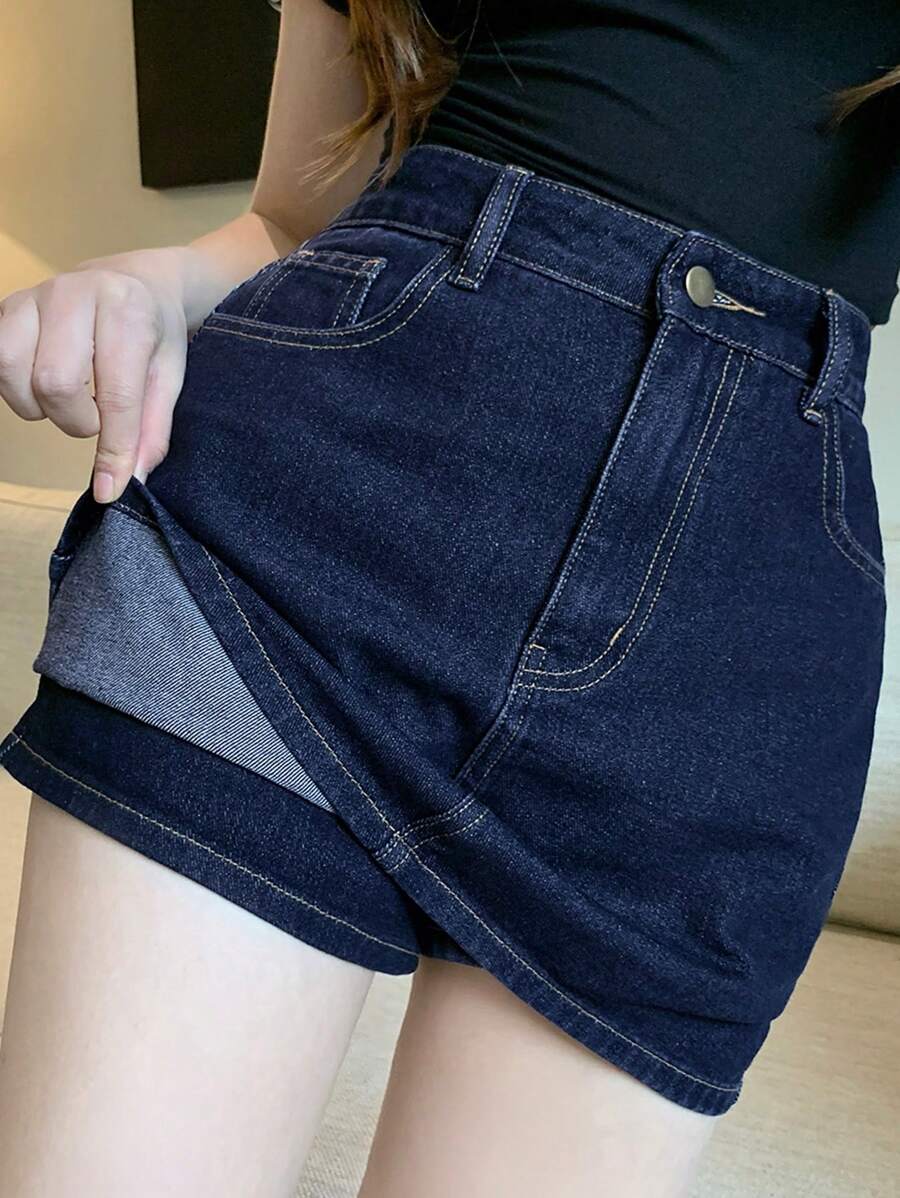 DAZY 女士天然牛仔休闲裙，适合夏季沙滩/运动/休闲牛仔裙 - 深色水洗藍 - 查看 1