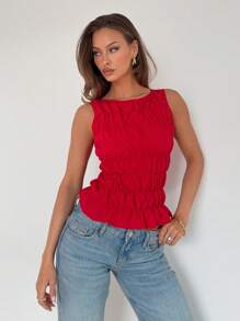 Roylia Women's Summer Casual Solid Color Round Neck Pleated Cami