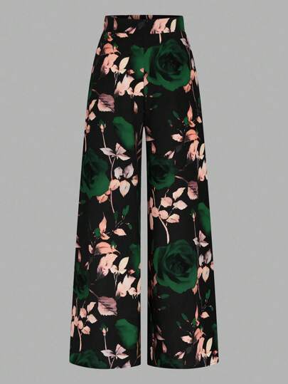 Rometta Plus Size High Waist Floral Print Casual Pants, Minimalist Style For Everyday Wear Valentine  Spring Cloth For Women Valentine's Day  Vestido Simples  Cute Clothes فستان  عيد Festival Outfits Women Pantalones Palazzo Elegantes Para Dama