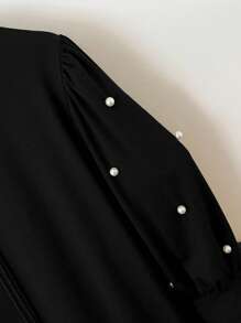 SHEIN LUNE Plus Size Casual Commute Decor Rhinestone Lantern Sleeve T-Shirt - Black - View 3