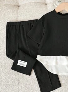 SHEIN Babygirl 可爱针织拼接拼色长袖上衣和松紧腰裤套装，春夏 - 黑色 - 查看 5