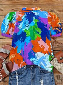 EMERY ROSE Plus Size Women Chiffon Button Down Short Sleeve Floral Printed Casual Shirt, For Spring/Summer, Suitable For Daily Wear And Vacation Mardi Gras - Blue - View 2