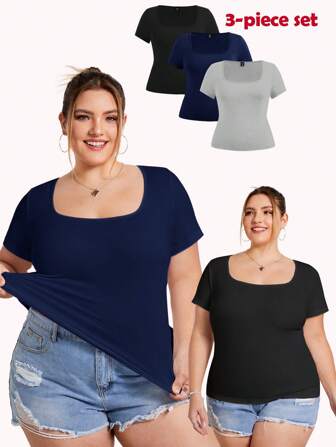 SHEIN CURVE+ 4 件大码圆领基本款 T 恤，红色、白色、黑色