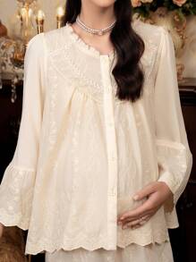 Moonlight&Mama Contrast Floral Trim V-Neck Top & Pants Maternity Pajama Set, Fall Winter Clothes - Apricot - View 4