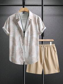 Manfinity RSRT Men's Hawaiian Tropical Plant Print Short Sleeve Shirt And Shorts 2pcs Set