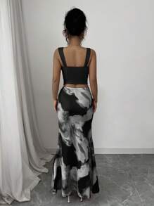 Elenzga Romantic Tie Dye Print Ruffle Collar Tank Top And Skirt 2Pcs Set