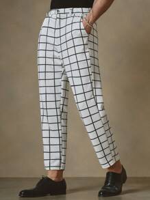 Manfinity VCAY Men's Casual Knitted Loose Fit Plaid Elastic Waisted Straight Leg Pants - White - View 3