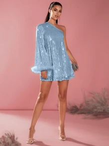 Glamine 女士蓬松拼接斜肩长袖短款休闲连衣裙节日聚会服装亮片女装 - 藍色 - 查看 3