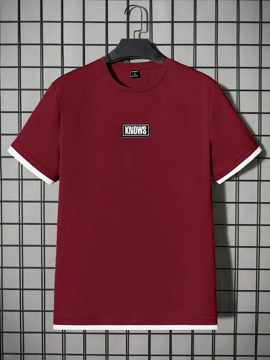 Manfinity VCAY Men's Casual Knit 2 In 1 Letter Logo Decorative Regular Fit Short Sleeve T-Shirt, Suitable For Daily Wear - Black - View 1