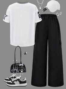 SHEIN Streecool Kids Ensemble de deux pièces comprenant un Top à col V avec imprimé numérique et manches courtes et un pantalon cargo unicolore pour adolescentes. Tenue printanière/estivale pour ado