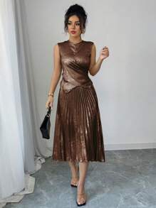 Elenzga 2pcs Set Sleeveless Crew Neck Ruched Waist Elegant Romantic Outfit For Women - Coffee Brown - View 3