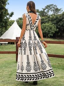 SHEIN LUNE Ärmellos Wickelkleid mit V-Ausschnitt, Tunnelzug, gerüschtem Saum, Maxilänge, A-Linie, geometrisches Muster, lässiger Urlaubslook, elegant, Streetwear für Frauen