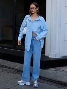 SHEIN Cottnline Rhinestone Patched Roll Tab Sleeve Shirt - Blue - View 3