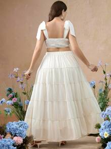 SHEIN Unity Plus Size Vacation Solid Color Camisole Top And Multi-Layer Chiffon Ruffle Skirt Set - Apricot - View 2