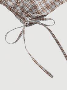 SHEIN MOD Women's Plaid Halter Neck Crop Top: Brown And Blue Woven Fabric Tie Back Casual Summer Camisole - Coffee Brown - View 3