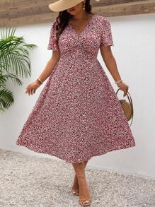SHEIN Frenchy Quần áo giáo viên cỡ lớn, Váy ngắn tay mùa hè in họa tiết cổ chữ V Bridgerton - Đỏ - Xem 2