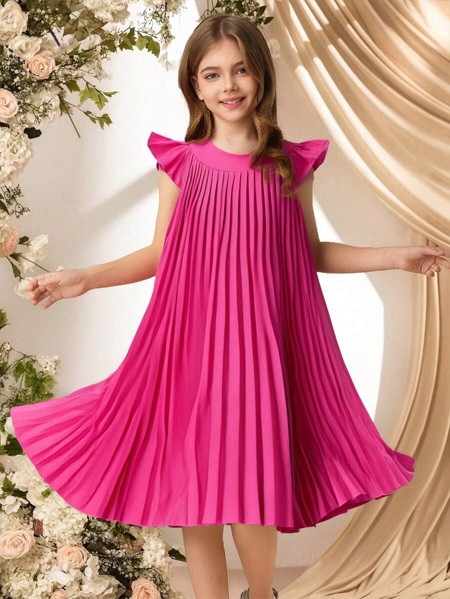 SHEIN Explorewe Vestido con cuello redondo, mangas con volantes y plisado para niña preadolescente - Rosa Fucsia - Ver 1