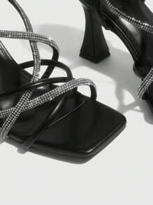 CUCCOO SZL 女士奢华高跟鞋，镶有水钻，系带凉鞋，坡跟厚底，露趾，性感正装鞋，适合派对、婚礼、鸡尾酒会、音乐节 - 黑色 - 查看 8