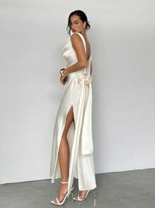 Aloruh 女士缎面长裙，适合派对或婚礼，性感露背无袖高开叉连衣裙，配白色领带 - 杏色 - 查看 7