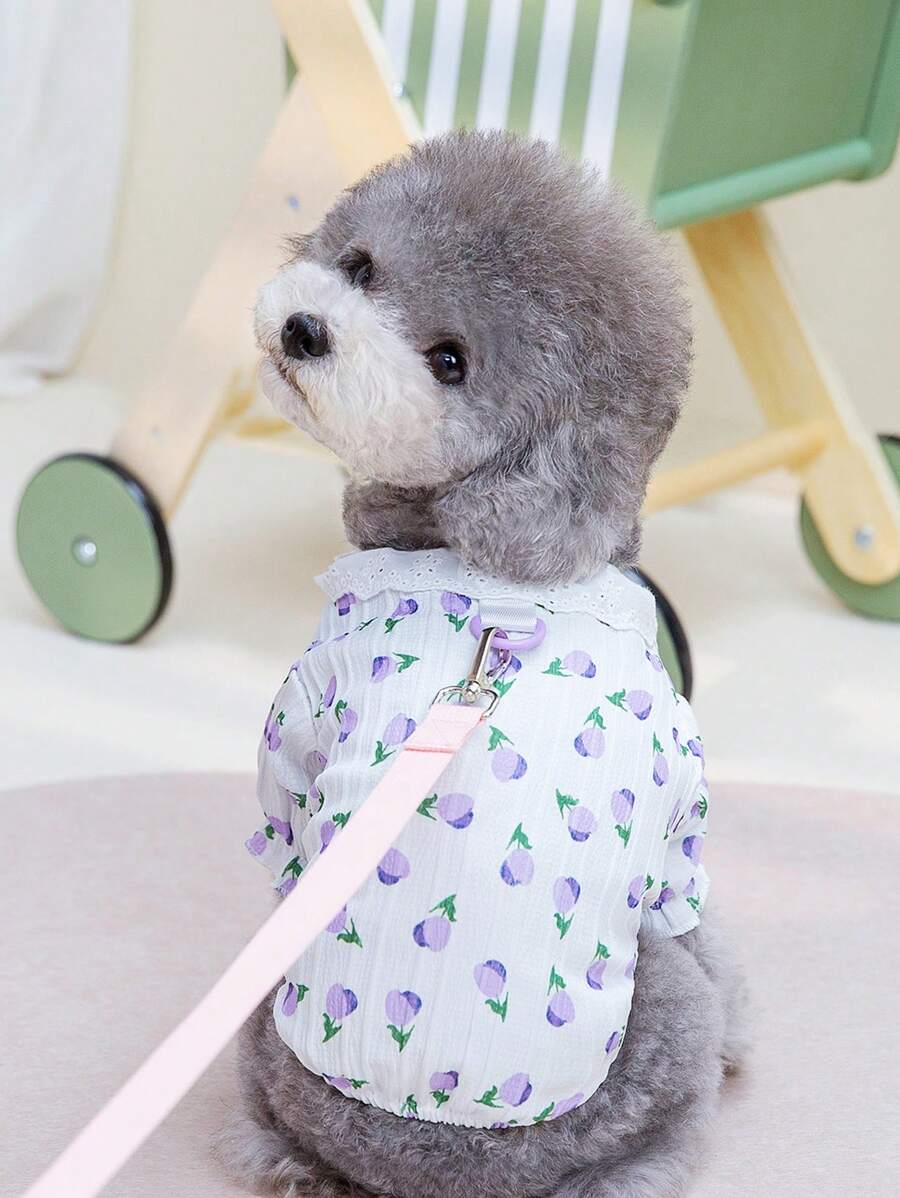 PETSIN Pastel Purple Tulip Print Hollow Out Ruffle Trim Lightweight Summer Shirt, Breathable Casual Style For Outgoing And Pet Leash - Dusty Purple - View 1