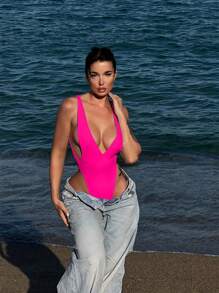 Swim SXY Women One-Piece Sexy Deep V-Neck High Leg Backless Swimsuit For Summer Beach Vacation - Hot Pink - View 4