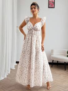 Elenzga Plus Size V-Neck Ruffle Sleeve Floral Print Vacation Dress, Spring/Summer - Apricot - View 3