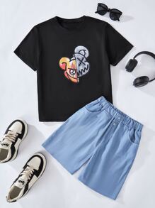 2pcs/Set Boys' Casual Round Neck Printed Top & Athletic Shorts, Cool Outfit For Summer - Black - View 3