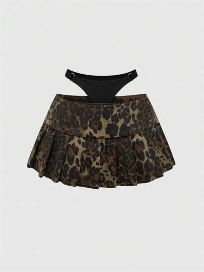 Grunge Punk Set sexy vintage degli anni 2000 composto da perizoma leopardato a vita bassa e minigonna in jeans