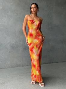 Aloruh 女式无袖印花后背褶饰系带连衣裙