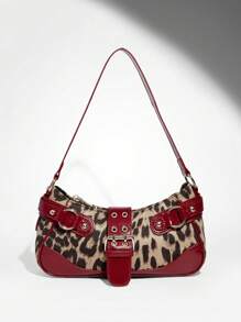 SHEIN BAE Women's Leopard Print Patchwork PU Leather Shoulder Bag, For Commute And Casual Use, Fall Winter Fashionable Cheetah Print Purse For Women, New Fall Winter Tiger Print Bag For Women , Leopard Cheetah Print - Red - View 2