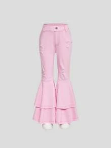 Tween Girl Y2K URBAN STREET COOL Tween Girl 浅粉色粗棉喇叭牛仔裤，全弹性腰带和双层原始下摆，背面有扁平口袋，带破洞细节。且柔软。