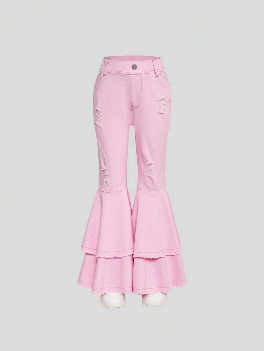 Tween Girl Y2K URBAN STREET COOL Tween Girl 浅粉色粗棉喇叭牛仔裤，全弹性腰带和双层原始下摆，背面有扁平口袋，带破洞细节。且柔软。