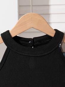 SHEIN Young Girl Summer Sleeveless Open Shoulder Top With Lighting Ruffle Hem & Loose Casual Wide Leg Jeans Set, Vacation Style