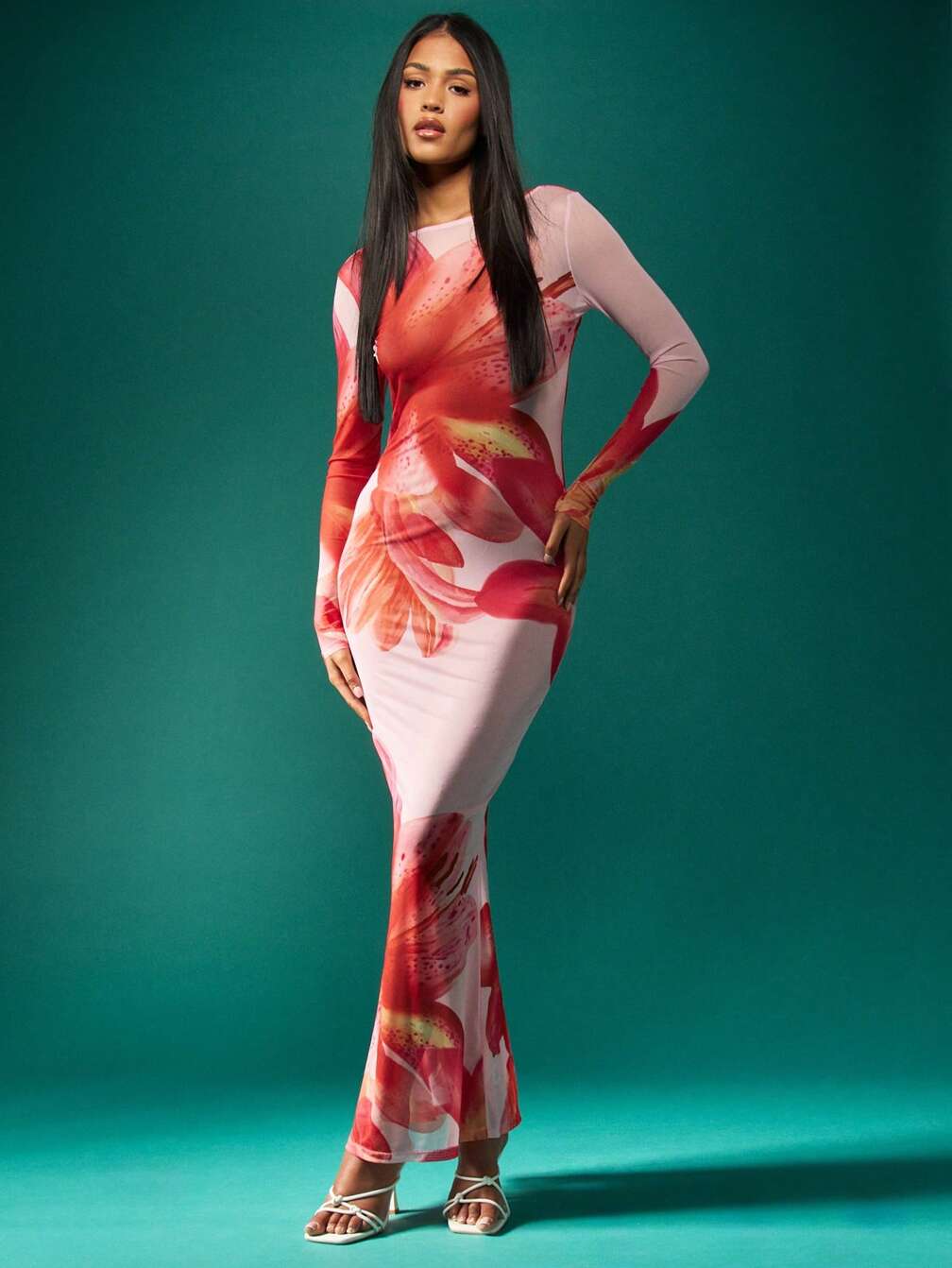 missguided maxi dress MISSGUIDED Luxury Elegant Mesh Panel Large Floral Print Bodycon Maxi Dress｜ MISSGUIDED
