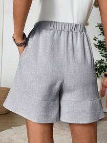 EMERY ROSE Women's Casual Grey Woven Fabric Shorts With Ruffle Hem And Drawstring Waist - Grey - View 2