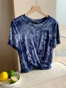 SHEIN EZwear 扎染印花扭结短袖T恤，休闲夏季款 - 藍色 - 查看 6