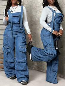 Slaydiva Peto vaquero informal de mujer con múltiples bolsillos - Lavado ligero - Ver 1