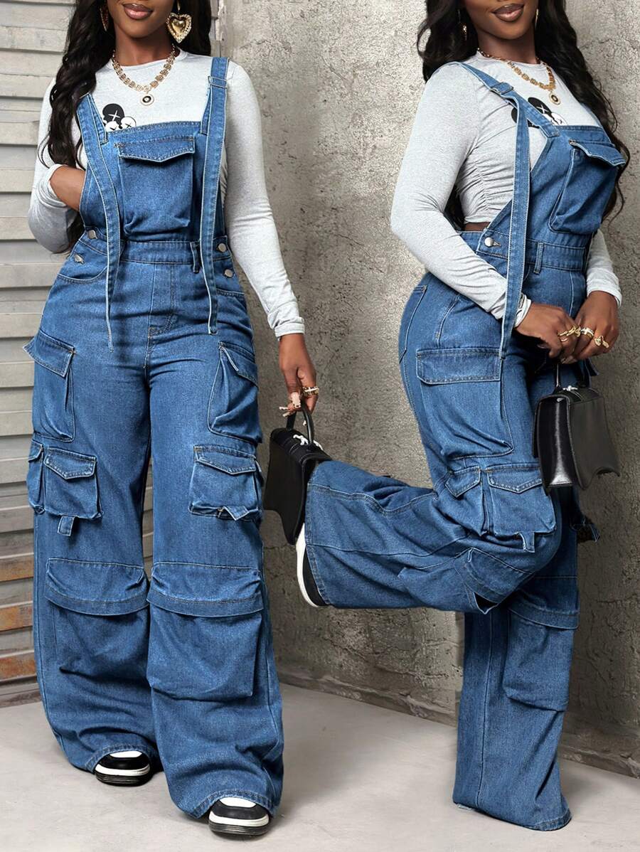 Slaydiva Peto vaquero informal de mujer con múltiples bolsillos - Lavado ligero - Ver 1