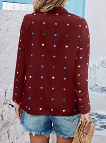 Calvaya Plus Size Burgundy Woven Fabric Blouse With Colorful Heart Print, Long Sleeves, And Collared Neckline For A Casual Style - Burgundy - View 2