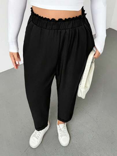 SHEIN Essnce Plus Size Women's Summer Cone Pants, Casual Pants, Cropped Pants, Black Pants, Comfortable Pants, Summer For Women Flowy Pants Baggy