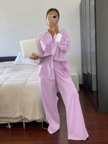 SHEIN Frenchy 2 件女士休闲/商务条纹长袖衬衫和裤子套装 - 淡紫色 - 查看 3
